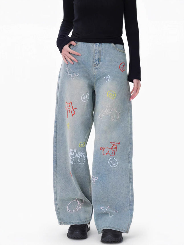 Embroidered Retro Wide-Leg Straight Fun Cartoon American Style 2025 New Jeans Pants Summer Loose Floor-Length Pants