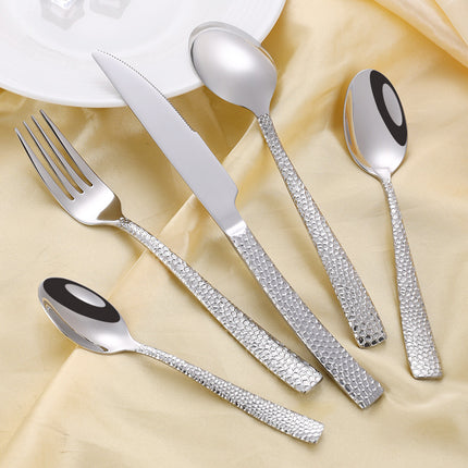 Cross-border 304 Stainless Steel Knife, Fork and Spoon Tableware Hotel Western Food Square Handle Thickened Water Cube Hammer Steak Knife, Fork and Spoon