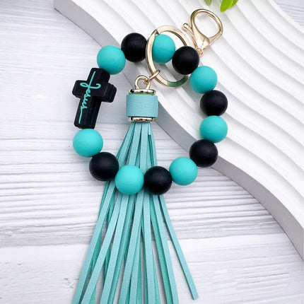 Cross-Border New Cross Silicone Bead Wrist Bracelet Keychain Handbag Leather Tassel Anti-Loss Pendant