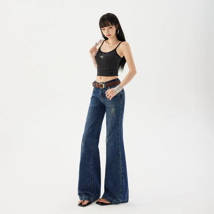2025 American Retro Low-Waist Hot Girl Loose Versatile Wide-Leg Pants Drapey Slimming Fleece Flared Jeans for Women