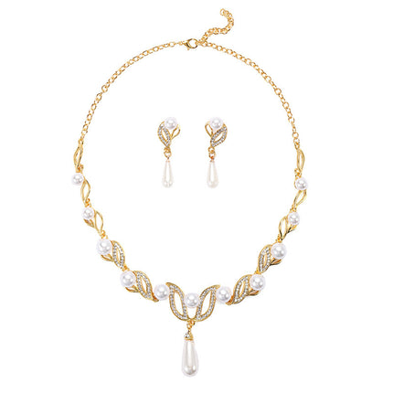 Cross Border Hot Sale Fashion OL Pearl Necklace Earrings suit Women Fashion Alloy Drop Shape Bridal Dress Accessories 24