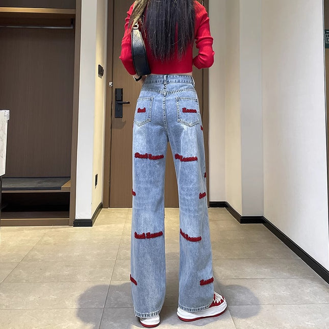 Letter Embroidered Wide Leg Jeans Women's Fashion All-match New High Waist Slimming Loose Casual Straight Trousers