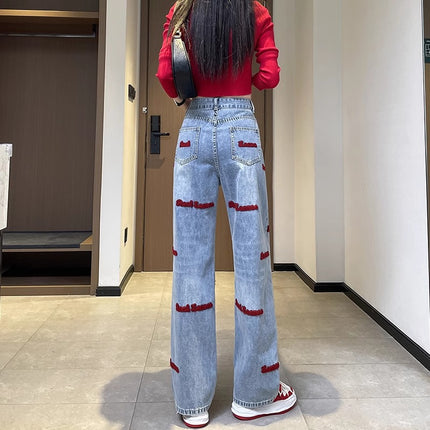 Letter Embroidered Wide Leg Jeans Women's Fashion All-match New High Waist Slimming Loose Casual Straight Trousers