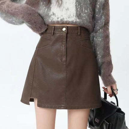 Leather Skirt Short Skirt 2024 New Large Size Design Black Mmpu Small Leather High Waist Pu Skirt