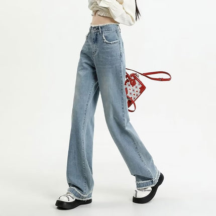 light blue Rust Jeans Women's Spring and Autumn New Arrival chubby girl Loose Slimming All-Match Wide-Leg Trendy Long Pants Drain Straight Pants