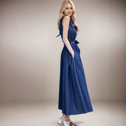 2025 Cross-border Elegant and Noble Chic Sleeveless Thin Denim Long Dress Vertical Collar Large Swing Dress Fashion dress