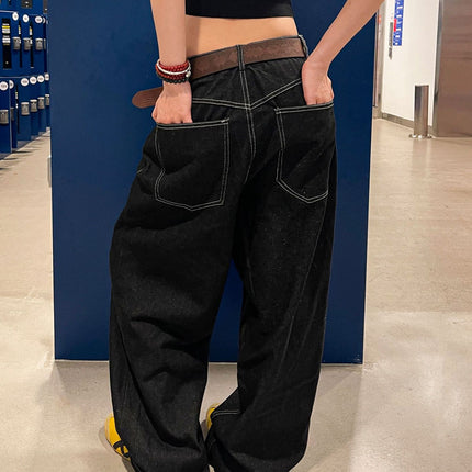American Washed Denim Topstitch Crackle Print Casual Jeans for Men and Women, Loose Casual Slimming Floor-Length Pants