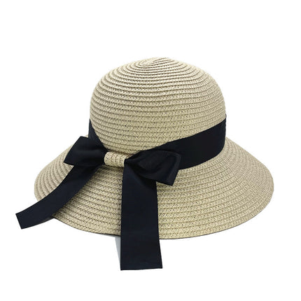 Paper woven straw basin hat bow sun protection straw hat windproof sun hat travel straw hat face slimming lady hat