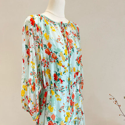 Short-Sleeved Silk Dress for Women 2026 Spring and Summer New Two-Piece Set Slightly See-Through Printed Georgette 100% Mulberry Silk Long Dress