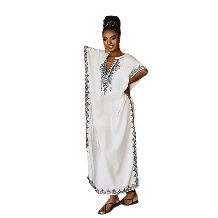 New Style Rayon Loose-Fitting Plus-Size Vacation Beach Cover-Up with Stand Collar, Long Dress for Women, Bikini Cover-Up, Swimsuit Outerwear
