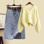1622 yellow top + denim skirt two-piece set / M [recommendation 40-50kg ]