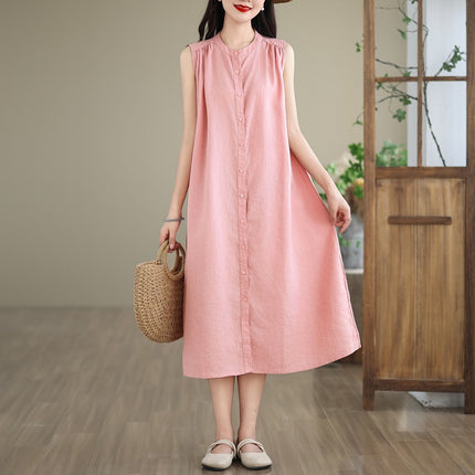 2024 Summer New Style Sleeveless Multi-Pleated Design Solid Color Mid-Length Dress for Women, Artistic Simple Cardigan Cotton and Linen Dress