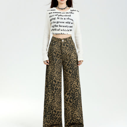 American Style High Street Leopard Print Wide Leg Jeans Women's 2025 Spring New High Waist Loose Slimming Straight Pants