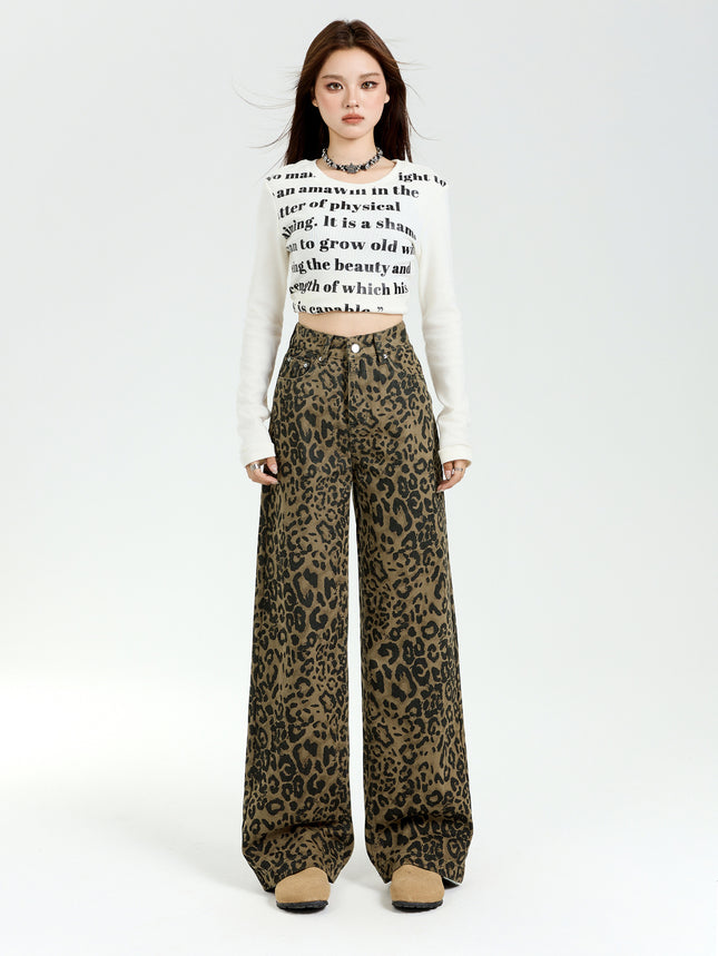 American Style High Street Leopard Print Wide Leg Jeans Women's 2025 Spring New High Waist Loose Slimming Straight Pants