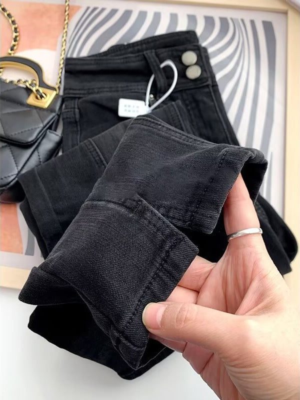 Autumn and Winter New fleece-lined Pear-shaped Body Pants Women's plus size High Waist Slimming Skinny Foot Straight Pipe Fashionable Jeans