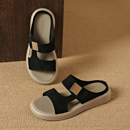 2025 Export Large Size Retro Casual Style Sandals Open-Toe Metal Logo Round Toe Thick-Soled Slip-On Beach Shoes for Women