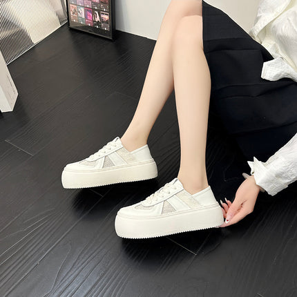 Genuine Leather Two-Way Platform Thick-Soled White Sneakers for Women, 2026 Summer New Style, Thin Mesh Breathable Sneakers, Height-Increasing Sports Casual Shoes