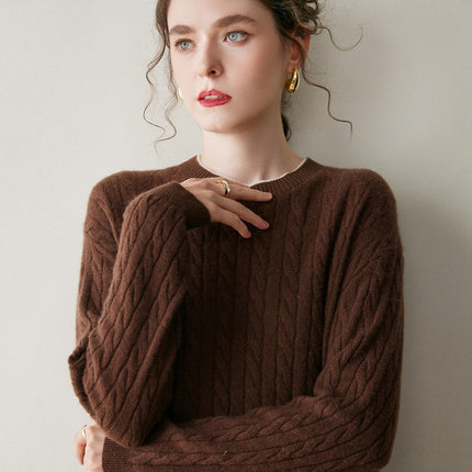 New Round Neck Twist Thick Cashmere Knitwear Women's Pullover Cable Knitwear Simple Casual Loose Knitwear Bottoming Shirt