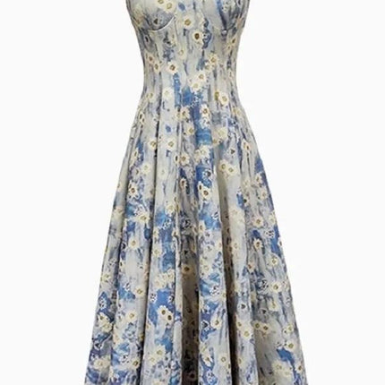 Tea Break French Pure Desire Blue Oil Painting Dress Women's Summer New Fairy Floral Waist Suspender Mid-Length Skirt