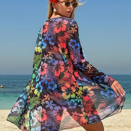 European and American Swimwear Women Sexy Sunscreen Blouse Bikini Three-Piece Chiffon Printed Multicolor Bikini Swimwear for Women