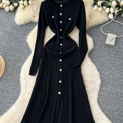 High-Quality 2025 Autumn Chanel-Style Private Wear for Socialites, Women's Knit Slit Dress with Round Neck and Bodycon Skirt
