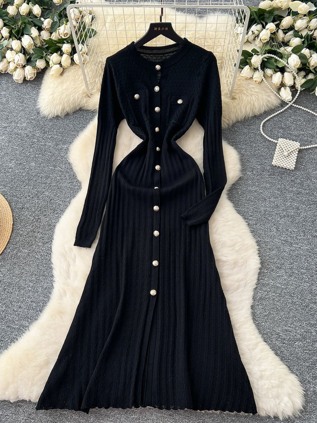 High-Quality 2025 Autumn Chanel-Style Private Wear for Socialites, Women's Knit Slit Dress with Round Neck and Bodycon Skirt