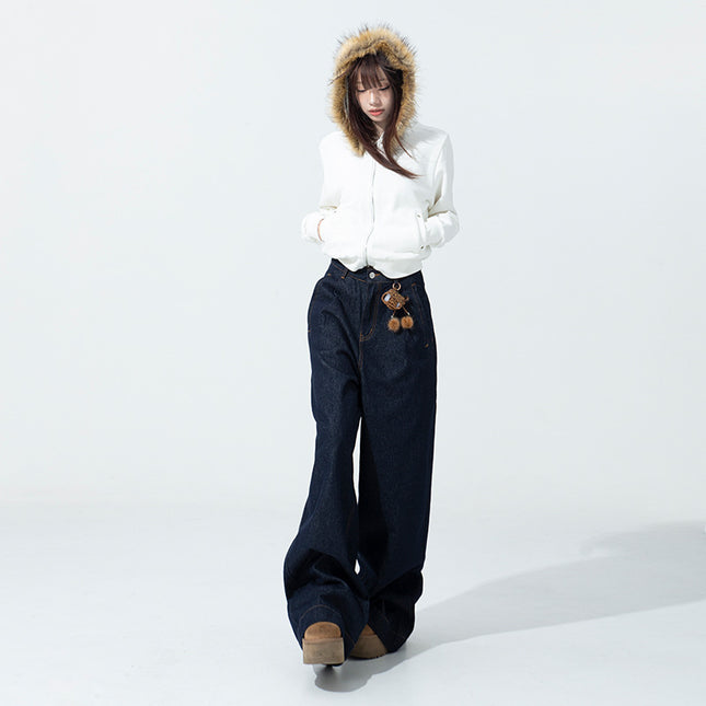Spring and Autumn New American Style Retro Original Cow Color High Waist Wide Leg Pants Women's Loose Slimming All-match Dipped Fit Jeans