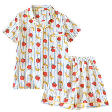 Summer Pure Cotton Crepe Lapel Short-Sleeved Shorts Pajamas Two-Piece Set for Women Apple Banana Loose Thin Home Clothes