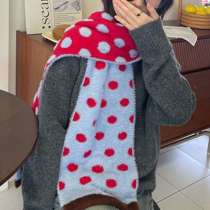 Strawberry & Blueberry Heartbeat Jam Color 25-Year Korean Style New Polka Dot Knitted Plush Scarf for Women with a High-End Feel