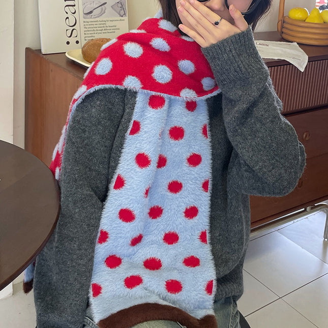 Strawberry & Blueberry Heartbeat Jam Color 25-Year Korean Style New Polka Dot Knitted Plush Scarf for Women with a High-End Feel