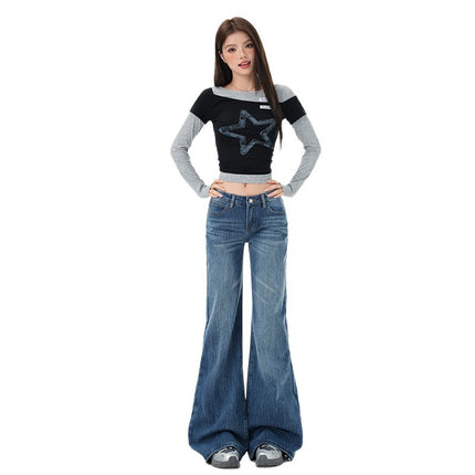 High Street Bootcut Jeans for Women, Autumn New Style, American Design, Loose and Drapey, Wide-Leg Flared Pants