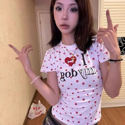 American Style Love Dog Claw Full Print Short Sleeve Shoulder T-shirt Women's Summer Design Hot Girl Slim-fit Slim-fit Short Top