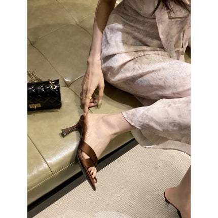 2025 European and American New Fashion Elegant High Heels Stiletto Open Toe Square Toe Sexy Slippers