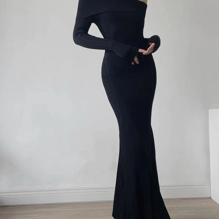 Zhao Liying star same off-the-shoulder dress autumn S socialite P light luxury French sweater off-the-shoulder banquet dress