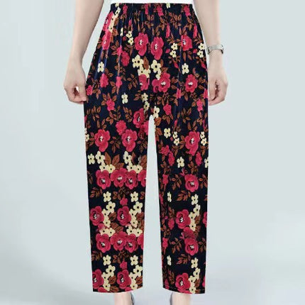 Foreign Trade Plus Size Middle-aged and Elderly Summer Thin Breathable Nine-point Flower Pants Mom Pants Ice Silk Loose Straight Pants