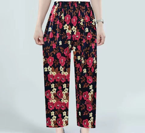 Foreign Trade Plus Size Middle-aged and Elderly Summer Thin Breathable Nine-point Flower Pants Mom Pants Ice Silk Loose Straight Pants