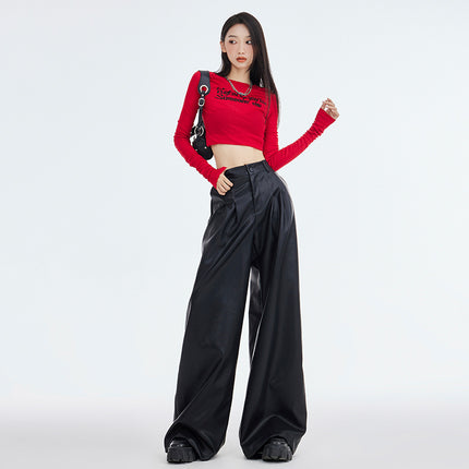 Eye-Catching Moment 2025 Autumn and Winter Versatile American Retro Elastic Waist Wide-Leg Casual Loose Black Leather Pants