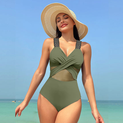 2025 New European and American Amazon Cross-Border One-Piece Swimsuit Solid Color Mesh Bikini Quick-Dry