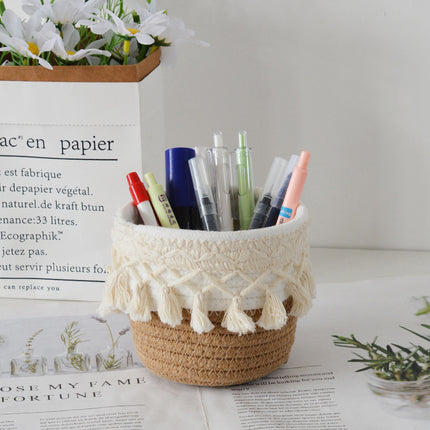 Ins Style Woven Cosmetic Brush Bucket Pen Containers Storage Basket Handmade Cotton Rope Household Desktop Sundries Finishing Storage Basket