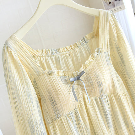 Ink Style Crepe Long Sleeve Long Dress Nightgown Spring and Autumn Women's Pure Cotton Yarn with Chest Pad Summer dress Pajamas