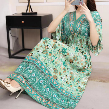 Cross-border ethnic style V-neck cotton silk short-sleeved beach skirt Thailand travel dress summer printed holiday floral skirt