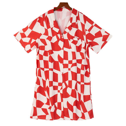Cross-border foreign trade wholesale plus size ladies summer pajamas lapel cardigan plaid nightgown skirt can go out home clothes