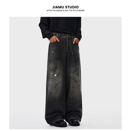 Jiamu Splash-Ink Dirty-Dyed American Baggy Jeans Jeans for Men and Women Straight-Leg Loose Wide-Leg Neutral Draped