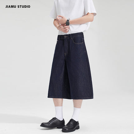 Jimau American Retro Cleanfit Denim Two-Color Cropped Jeans Unisex Loose Straight Versatile Shorts