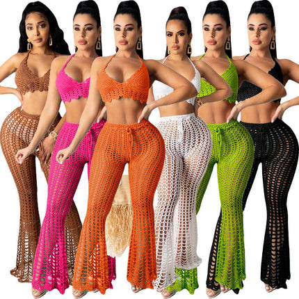 AJ4362 European and American Women's Wear Hollow Perspective Two-piece Set Beach Style Grid Pure Handmade Hook Sexy Fashion Suit
