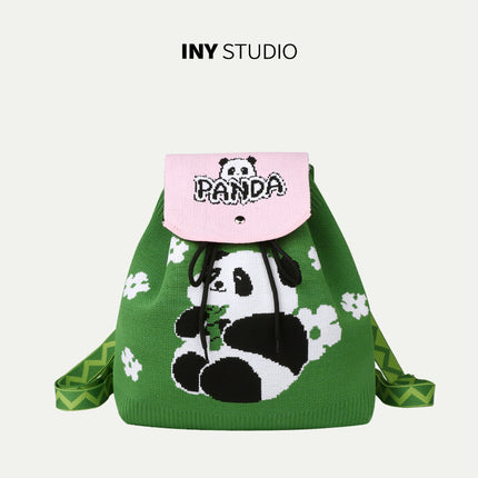 Grandpa Panda Cartoon Knitted Bag Women's Handbag Spring and Summer Popular Large Capacity Shoulder Drawstring Bag Versatile Backpack