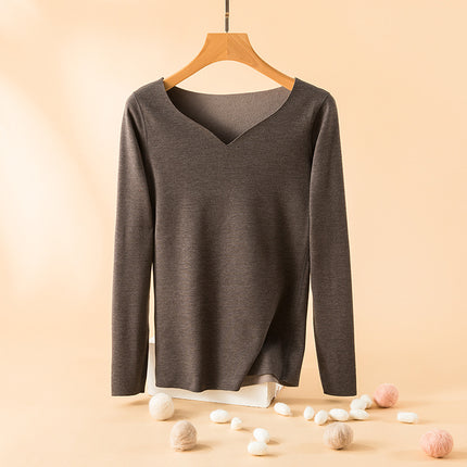 Warm top women's winter love neckline inner brushed fleece-lined thick loose all-match long sleeve seamless bottoming shirt