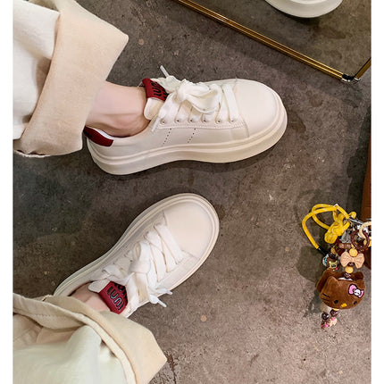 Cowhide Version~Haonianhua Women's Shoes, Classic Round-Toe Thick-Soled Height-Increasing Lace-Up White Sneakers, Versatile College-Style Sneakers for Women