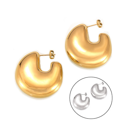 European and American fashion gold geometric C- shaped earrings titanium steel plated 18K gold simple design hollow bright three-dimensional earrings