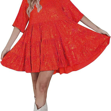 Cross-Border European and American Style Glitter Sequin Half-Sleeved Round Neck Ruffled Loose Short-Sleeved Dress Banquet Dress 10 Colors
